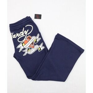 Ed Hardy Womens Broken Hearts  Sweatpants Wide Leg Y2K Navy Eclipse L  Fleece